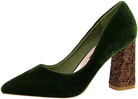 Mashiaoyi Women's Pointed-Toe Block-Heel Slip-on Sequins Court Shoes