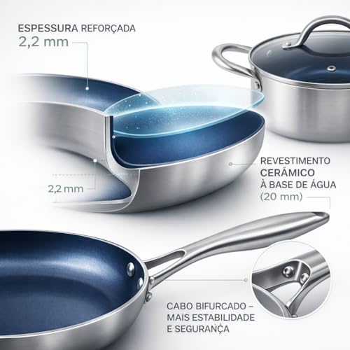 Conjunto de Panelas Antiaderente com Revestimento Cerâmico, Cabo Bifurcado Ergonômico, Fácil de Limpar, Inclui Caçarolas 2,2L e 1,7L, Panela 1,2L e Frigideira 900ml, 4 Peças