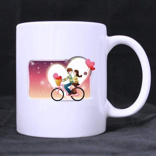 Wedding Anniversary Lovers Ride On A Bicycle Sweet Colorful Design (Twin Side) Custom White Ceramic Mug Coffee Cup (11 Ounce)