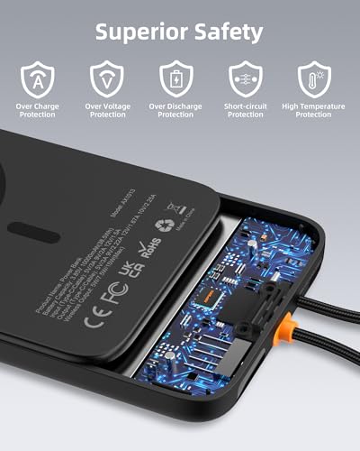 AsperX for Magsafe Power Bank, 10000mAh Wireless Portable Charger Magnetic Battery Pack Built-in USB C Cable, 22.5W Wire Fast Charging, LCD Display for Magsafe Battery Pack for iPhone 17/16/15/14/13