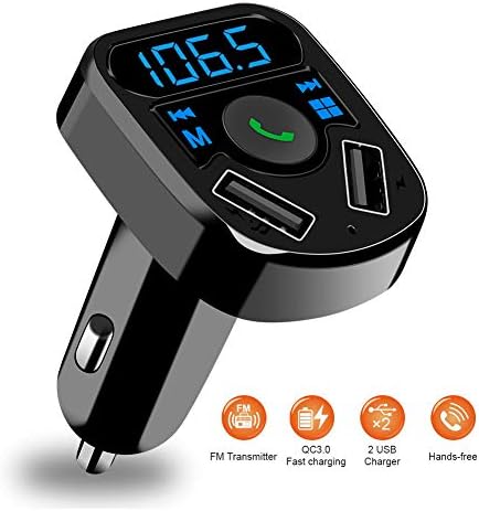 SOOTEWAY Bluetooth FM Transmitter, in-Car Wireless Radio Transmitter Adapter Music Player Car Kit W Blue Circle Ambient Light, 2 USB Ports, Hands Free Calling, TF Card & USB Flash Drive (Black)