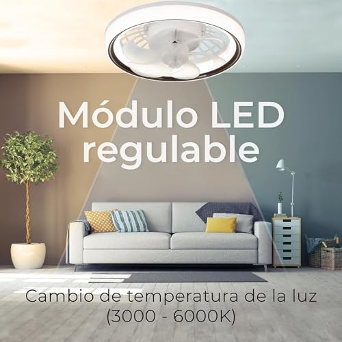 Megaluz LV34W13 Ventilador de techo con luz led y control remoto, 13”, luz blanca fría, neutra y cálida, 6 aspas desmontables, Abanico de techo enchufe E27, 4 velocidades y motor silencioso (Blanco).