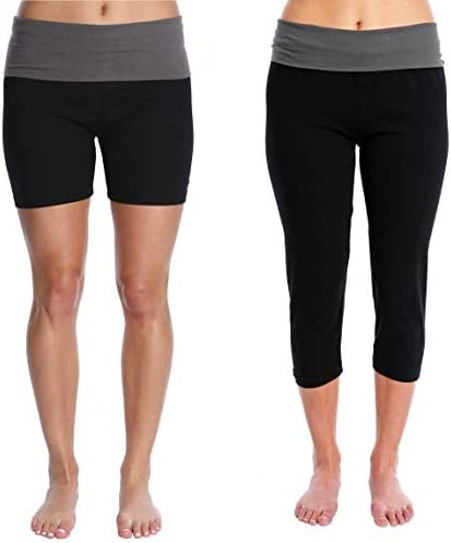 Nouveau Women's Workout Active Capri Yoga Pants & Short 2 Pack Combo - Ladies Casual Loungewear