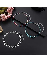 YAHPERN - Tobilleras para mujer y niña, cuentas de color turquesa, abalorio de lentejuelas ajustable, conjunto de pulseras de tobillo Boho multicapa para playa