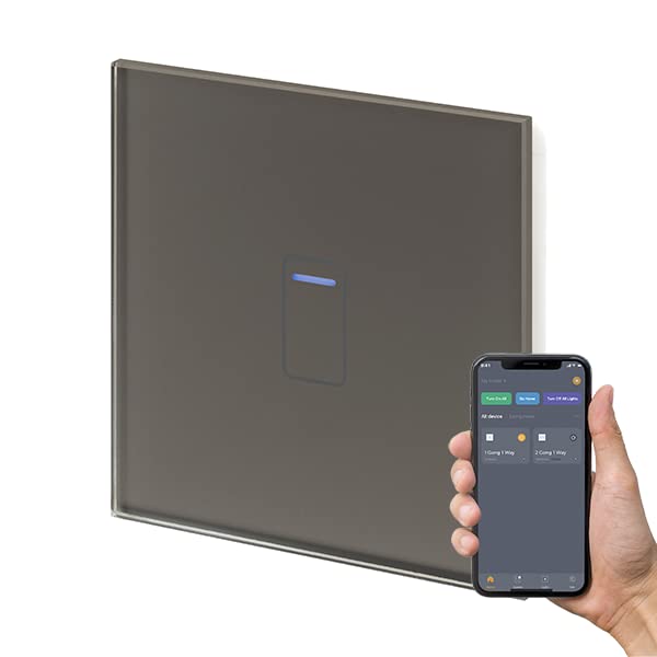 Retrotouch Crystal+ Touch WiFi Switch | 1 Gang Smart Light Switches | Multi Control | Remote Control | App Compatible With Alexa & Smart Life | Grey Glass Finish | LED Indicator