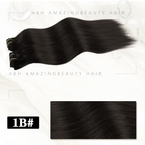 ABH AMAZINGBEAUTY HAIR Clip in Hair Extensions - Real Human Hair, Black, Invisible, Straight, Double-side Skin Wefts, Off Black #1B, 8Pcs With 18 Clips, 120G, 20 Inch