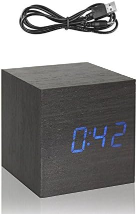 Copoluck Wooden Cube Digital LED Alarm Clock Sound Control Small Square Desk Clock Date Time and Temperature Displaying, Bedside Click Clock for Home Office Kids (Blue Light)