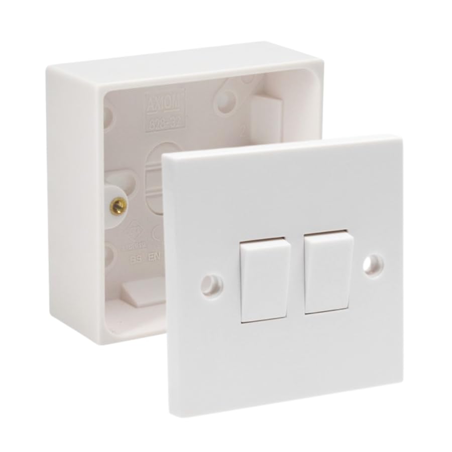 Electric Wall 10A Light Switch 1/2/3 Gang 2 Way Rocker Standard White Square - Compatible with Single 16/25/35/47mm Pattress Back Box Surface Mounted 1 Gang (2 Gang Switch, SET with 35mm Box)
