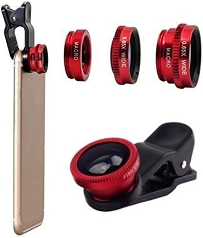 Clip-on 180 degree 3 in 1 Fisheye / Wide Angle / Macro Camera Lens Kit for iPhone 5 5S 4 4S 6 Samsung Galaxy S5/S4/S3 Note 4/3/2 HTC Blackberry Bold Touch, Sony Xperia, Motorola Android (Red)