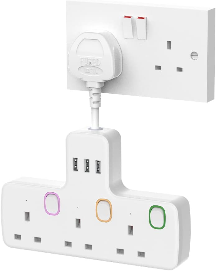 Mscien Multi Plug Extension 3 Way 3 USB Switched Socket 3250W