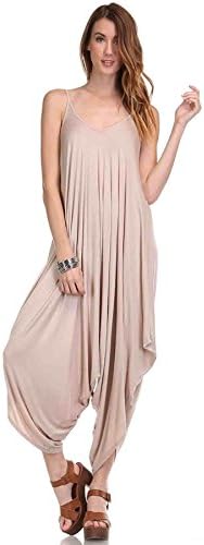 Solid Color Ladies Spaghetti Strap Loose Fit Harem Jumper Multi Color Available (Large, TOASTED ALMOND)