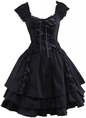 M4U Womens Classic Black Layered Lace-Up Cotton Lolita Dress