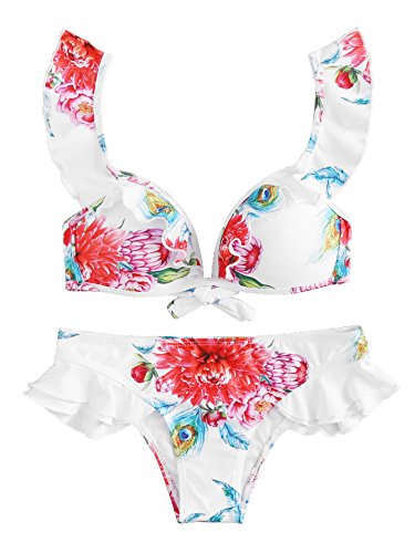 SOLYHUX Women's Flower Print Ruffle Strap Bikini Set White L - Thumbnail 5