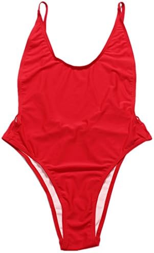 Cuplum Sexy Solid Color One Piece Swimsuit Backless U-Neck High Cut Bathing Suits (S(US 2-4), Bright red)