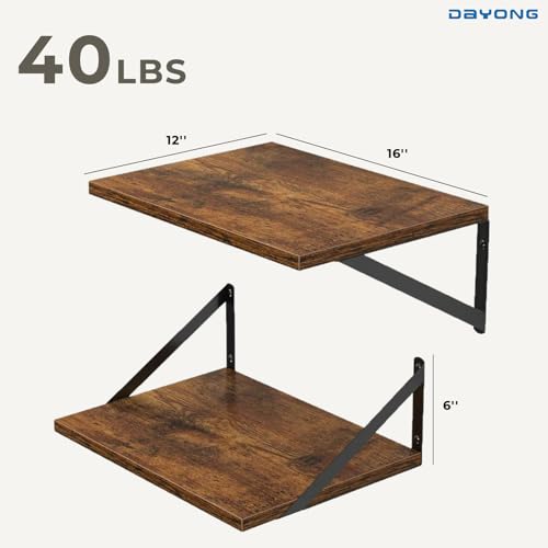 DAYONG Deep Wall Mounted Floating Shelf, 16W x 12D Rustic Wood Floating Shelves with Metal Brackets, Set of 2 Hanging Shelf for Kitchen, Living Room, Bathroom and Bedroom Decor (Rustic Brown)