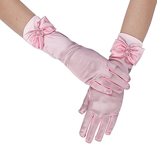 LUOEM Girls Princess Costume Gloves Flower Girl Gloves for Wedding Party Holiday (Pink)