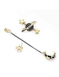GooNight - Pendientes asimétricos de plata de ley con circonita cúbica chapada en oro, diseño de luna y estrella negras (se vende originalmente por GooNight Store)