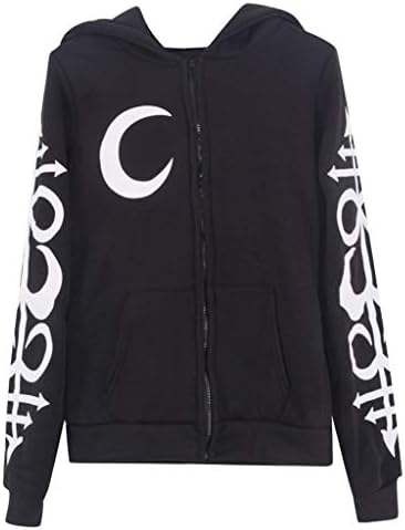 Ultramall Women Loose Gothic Style Long Sleeve Hooded Print Black Cardigan Jacket Coat