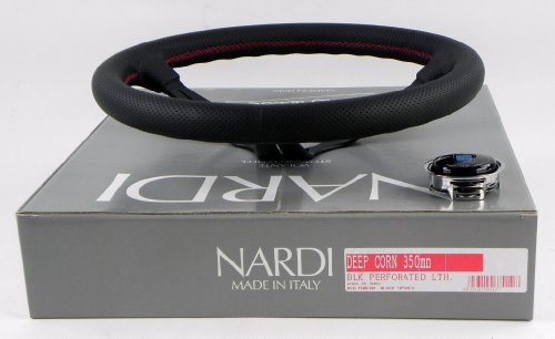 Nardi Steering Wheel - Deep Corn - 350mm (13.78 inches) - Black Perforated Leather with Red Stitching - Classic Horn Button - Part # 6069.35.2093