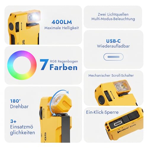 WUBEN G5 Mini LED Taschenlampe Schlüsselanhänger 400 Lumen mit RGB Licht, 6 Modi EDC Taschenlampe LED Aufladbar, Wasserdichte Flashlight Torch für Camping, Wandern, Outdoor, Angeln, Notfäll (Gelb)