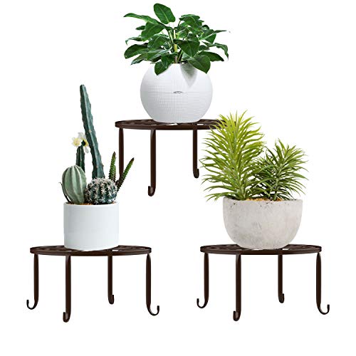 Lewondr Potted Plant Stand, [3-Pack] Indoor Iron Flowerpot Holder Rustproof Durable Metal Garden Container Outdoor Decorative Round Supports for Planter – Chocolate