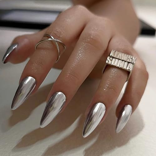 Qsnidy Chrome Press On Nails Almond, Metallic Sliver Mirrored Press On Nails Medium Glue on Nails, Acrylic Natural Fit Stick on Nails in 12 Sizes - 24 Fake Nails Kit for Women Daily & Party Wear - Image 2