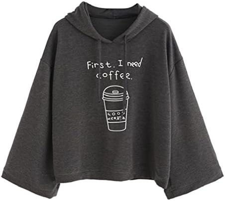 Women Pullovers Hansunny Women long Sleeve Gray Letter Print Hooded Pullovers (L)
