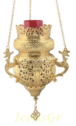 Gold Plated Orthodox Greek Christian Bronze Hanging Votive Vigil Oil Lamp with Chain and Red Glass - 9699g