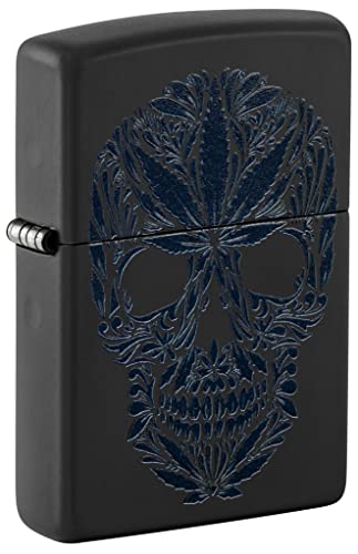 Zippo Windproof Lighter - Cannabis Skull Model - Black Matte Finish with Black Light Effect - Refillable - Reusable - Windproof Design - Gift Box - Made in USA