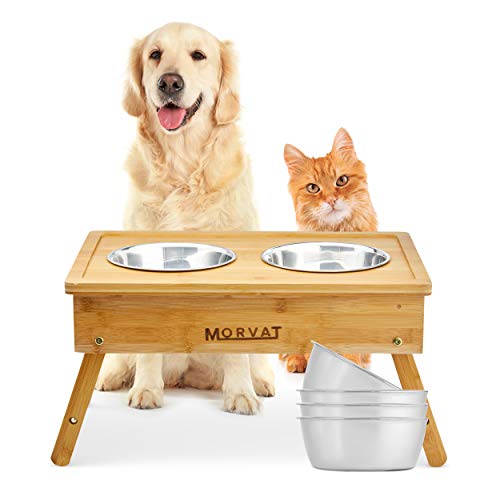 Morvat Bamboo Raised Dog Bowl Adjustable Dog Feeding Station for Large