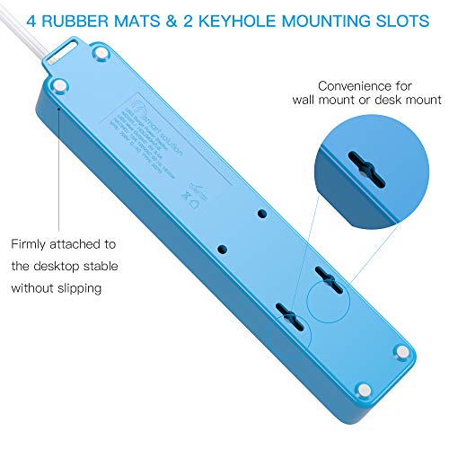 ONSMART USB Surge Protector Power Strip, 4 Multi Outlets with 4 USB Charging Ports, 3.4A Total Output-600J Surge Protector Power Bar, 6 ft Long UL Cord, Wall Mount-Blue