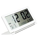 Multifunction Silent LCD Digital Large Screen Travel Desk Electronic Alarm Clock, Date/Time/Calendar/Temperature Display, Snooze, Folding (White+Silver)