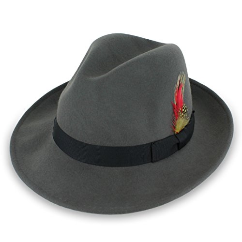 Belfry Bogart 100% Wool Men’s Dress Fedora in 5 colors (Small, Grey W. Black)