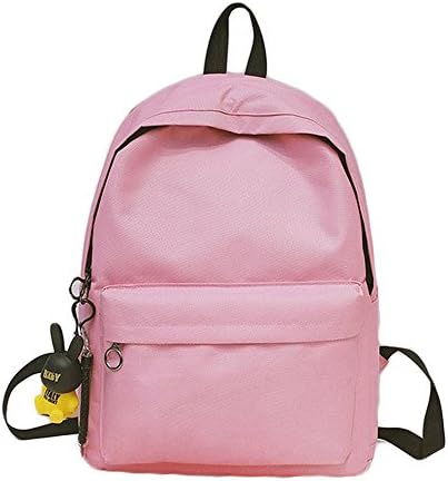 Fashfur Solid Color Joker Zipper Backpack With a Small Black Rabbit Pendant Accommodating 14 Inch Computer (Pink)
