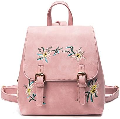 Retro Women Girl Flower Embroidered School Bag Faux Leather Satchel Backpack
