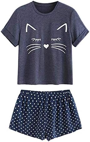 YCQUE Women's Cute Cat Casual Shorts Short-Sleeved Ruffled T-Shirt Nightwear Pajamas Set