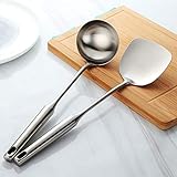 NAYAHOSE 2 pieces stainless steel handle spoon, wok shovel, anti-scalding design (Silver)