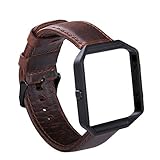 KADES Genuine Leather Retro Cowhide Bands with Stainless Steel Frame Compatible for Fitbit Blaze Smart Watch, Coffee Band+Black Frame(Black Clasp)- Large