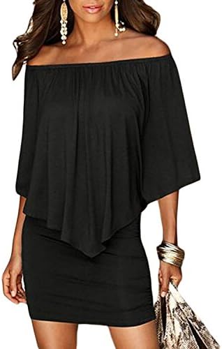 Amborido Women Off Shoulder Ruffles Bodycon Mini Dress