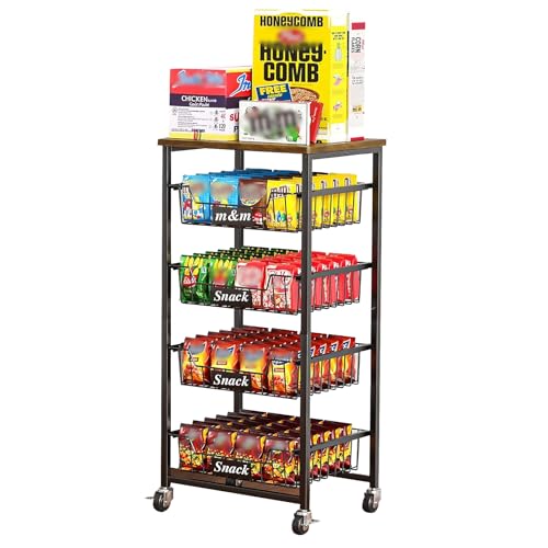 Beauenty 5-Tier Rolling Storage Cart, Pull-out Basket Trolley Organizer Kitchen Storage Shelf, Wooden Top Mobile Shelving Unit Suitable for Kitchen, Living room, Bathroom (Top Panel & 4 Baskets)