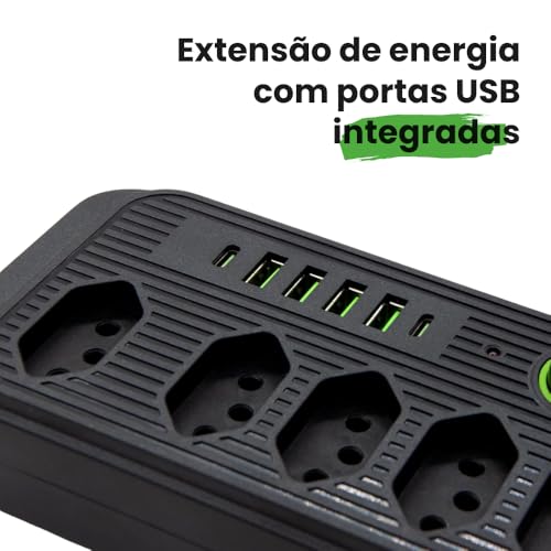 Extensão de Energia Filtro de Linha Régua de Energia com 5 Tomadas 4 USB-A e 2 USB Tipo-C Cabo 2 Metros Bivolt 110-220V Potência 2500W e Carregamento Inteligente Linha Premium (Preto)