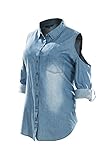 Megan apparel Women's Cut Out Shoulder Roll Up Long Sleeve Washed Denim Shirts Plus Size