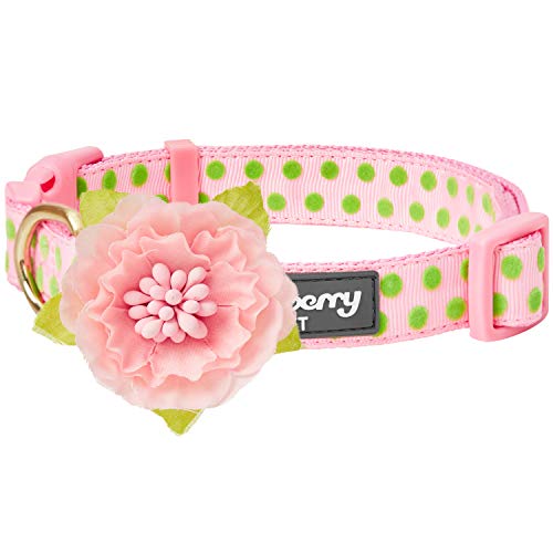 Blueberry Pet 2019 New 4 Patterns Adjustable Flocking Dog Collar with Artificial Silk Flower – Polka Dot in Baby Pink, Small, Neck 12″-16″