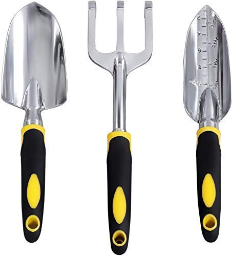 Dorathye Garden Tool Set, 3 Piece Heavy Duty Cast-Aluminum Heads Gardening Kit with Soft Rubberized Non-Slip Handle – Trowel,Transplant Trowel and Cultivator Hand Rake – Garden Gifts for Parents