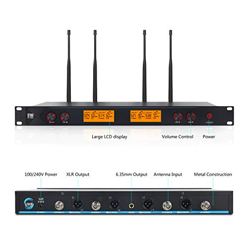 XTUGA A400 Metal receiver 4-Channel UHF Wireless Microphone System with 4 Bodypack for Stage Church Use for Family Party, Church, Small Karaoke Night (Frequency A)