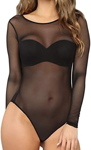 MANGDIUP Women's Long Sleeve Black See Through Mesh Bodysuits Tops, Round Neck Basic Sexy Mesh Sheer Bodysuit Jumpsuits