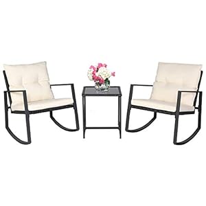 SUNCROWN 3 Piece Outdoor Rocking Bistro Set Black Wicker Furniture Porch Chairs Conversation Sets with Glass Coffee…