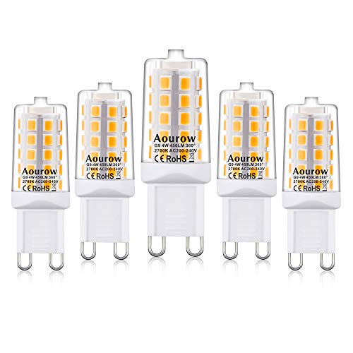 G9 LED Lampe Warmweiß 2700K,Aourow G9 LED Leuchtmittel 4W 450LM,Ersetzt 28W,33W,40W G9 Halogenlampe,Nicht Dimmbar,Keine Stroboskopisch,Kein Flackern,Hohe Helligkeit,360°Abstrahlwinkel,5er Pack