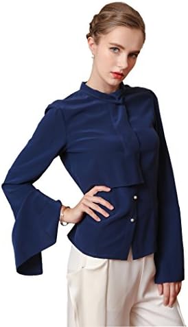 VOA Women's Long Flare Sleeve Blue Single Breasted Silk Blouse Shirt Top