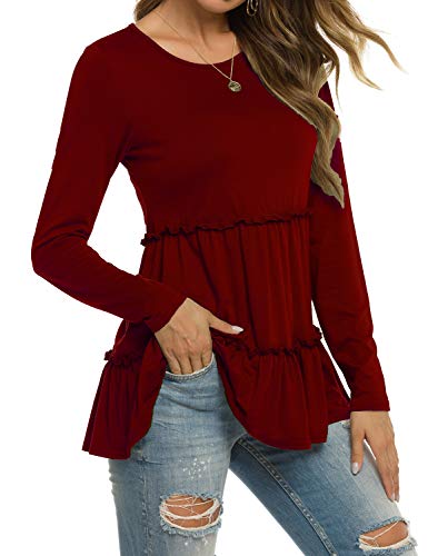 Sweetnight Womens Long Sleeve Babydoll Tunic Tops Loose Fitting Shirts Blouses Wine Red M